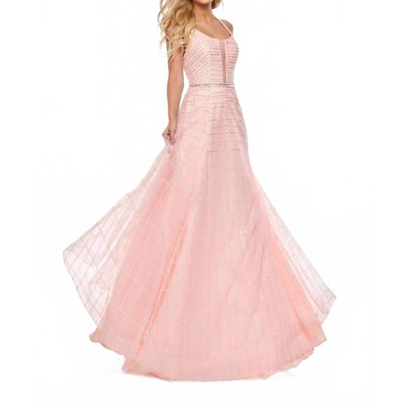 NEW RACHEL ALLAN glitter tulle halter neck prom gown in blush